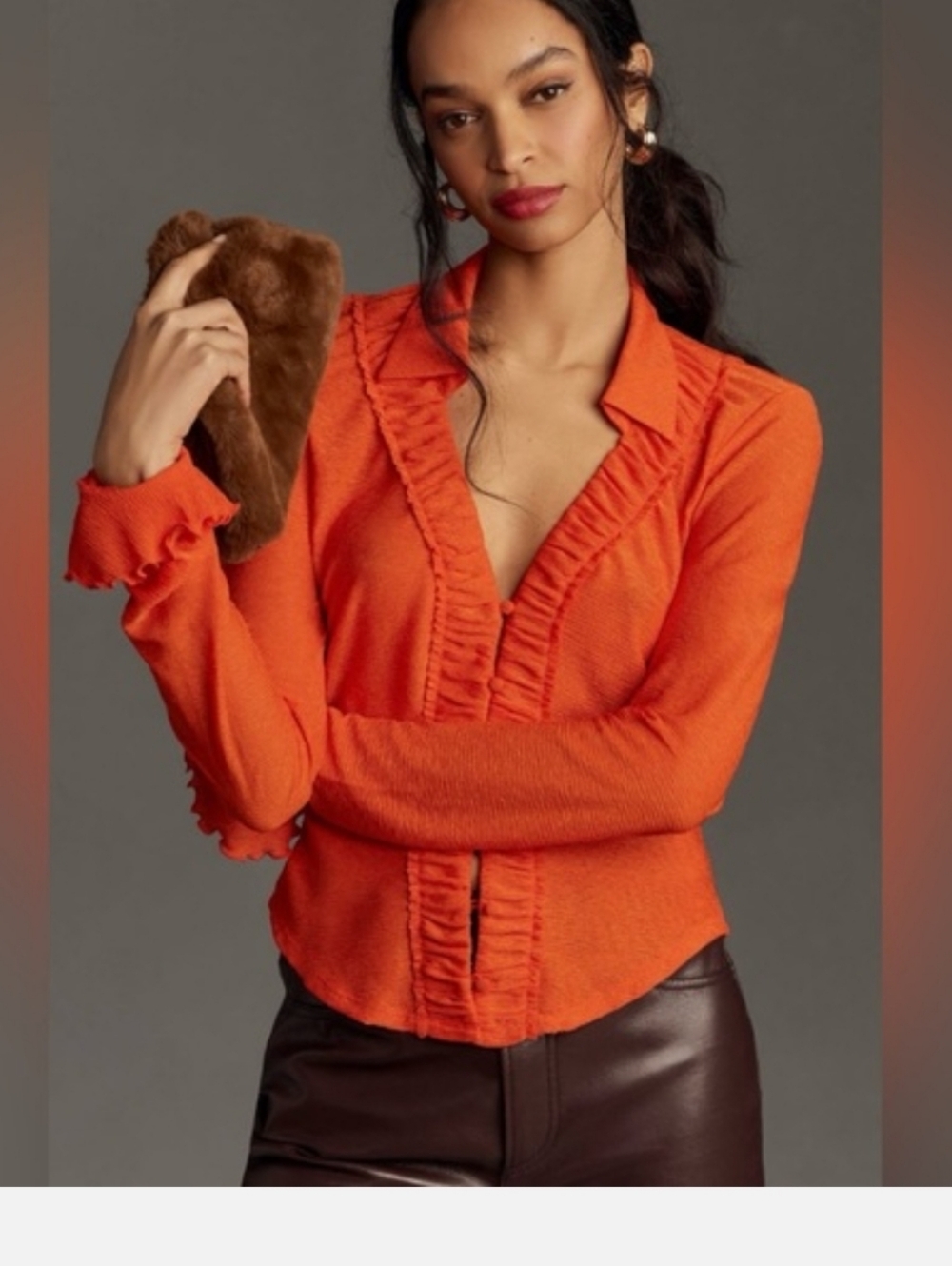 New Anthropologie Textured Button Down Top Red/Orange Medium